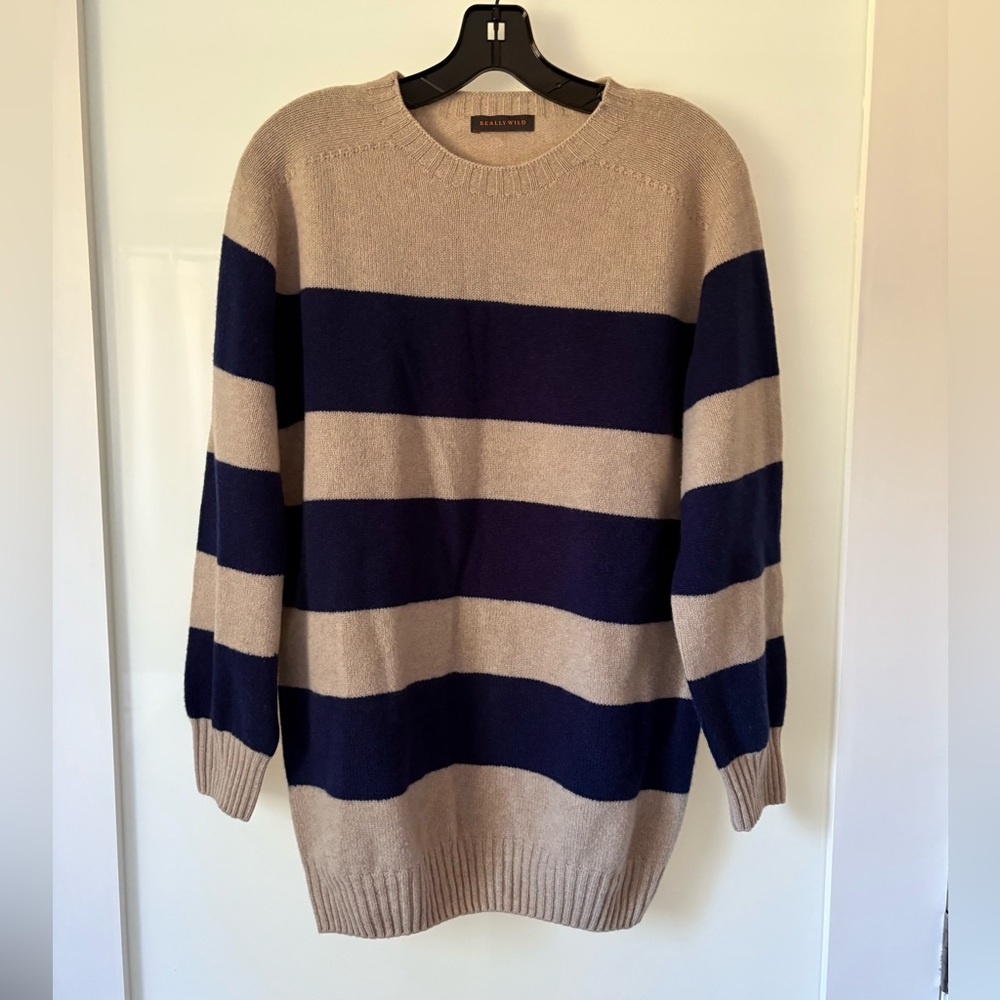Really Wild Striped Tan and Blue Women's Crew Neck Sweater - Picture 1 of 3